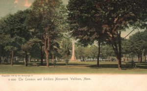 Vintage Postcard 1905 The Common And Soldiers Monument Waltham Massachusetts MA