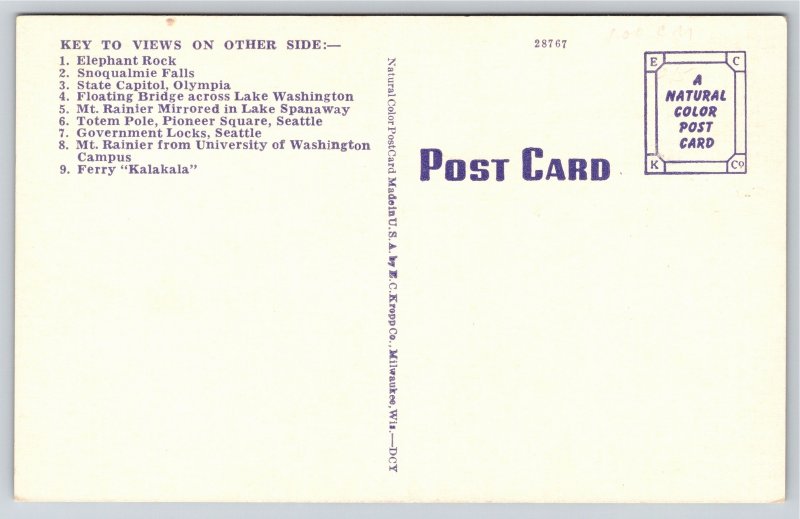 Washington State Map~Tacoma~Seattle~Kalakala Ferry~Floating Bridge~Vintage PC