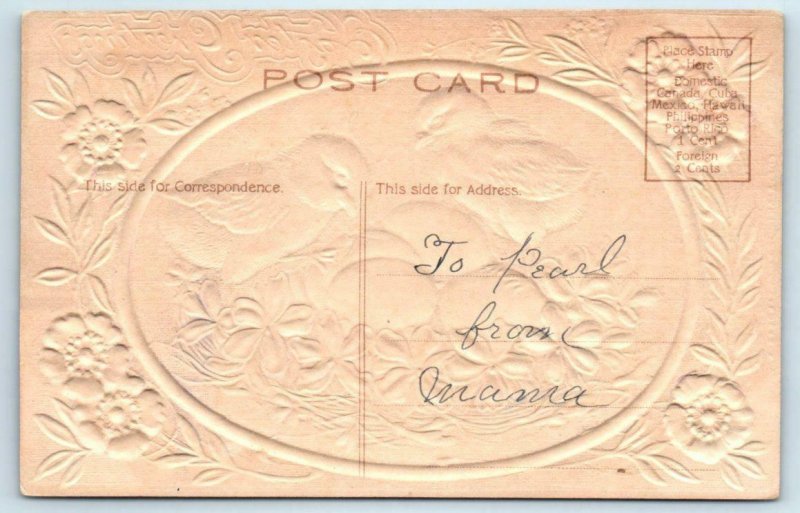 EASTER GREETINGS  Embossed Airbrushed EGGS, CHICKS, FLOWERS c1910s Postcard