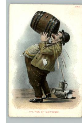 MILWAUKEE WI Fat Man Drinks Beer from Keg c1910 PC