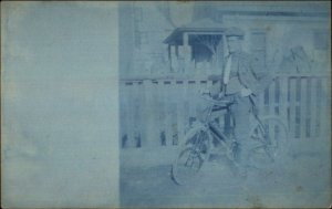 Man on Bicycle c1910 Cyanotype Real Photo Postcard