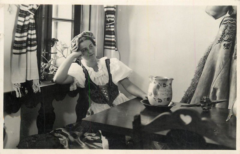 Folk costumes Hungary Kiskunhalas interior woman ethnic pottery 1937