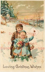 Christmas, PFB No 6487-3, Children Sleighing on Snow Covered Hill