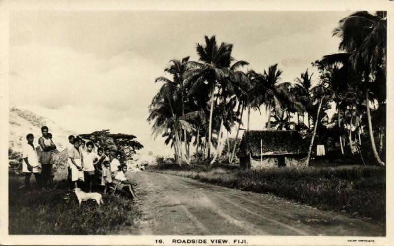 fiji islands, Roadside View with Native People (1930s) RPPC