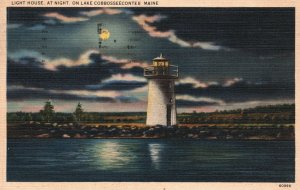 Vintage Postcard 1950's Light House At Night On Lake Cobbosseecontee Maine ME