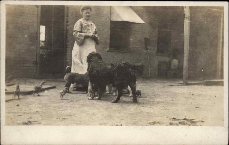 Amateur - Woman in Yard w/ Dogs & Chickens c1910 Real Photo Postcard