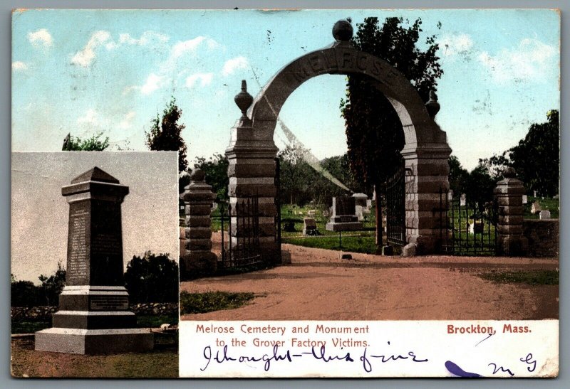 Postcard Brockton MA c1906 Melrose Cemetery & Monument Grover Factory Victims