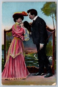 Couple In Conversation, Antique 1909 KViB Postcard 980, Broken Circle Cancel