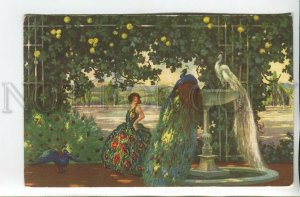 462059 ART NOUVEAU FASHION Belle Lady & White PEACOCK peafowl Vintage postcard