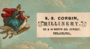 Victorian Trade Card for S.S Corbin Millinery Mother Goose Flying on Bird Z5