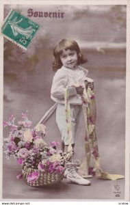 RP; Little boy holding ribbon, Basket of flowers, 1900-10s