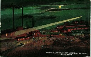 Anaconda Mine by Night Power Plant Spotlight Butte Montana MT DB Postcard S20