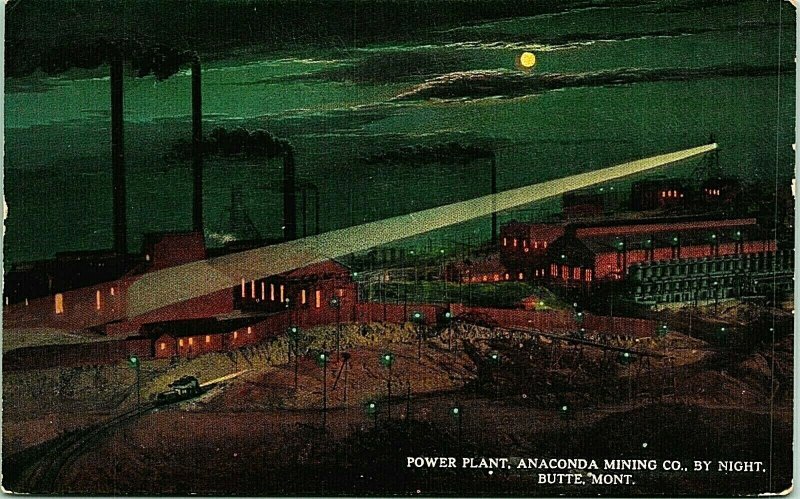 Anaconda Mine by Night Power Plant Spotlight Butte Montana MT DB Postcard S20