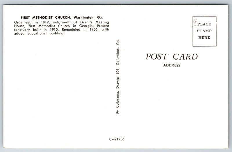 Washington Georgia~1st Methodist Church~1950s Postcard