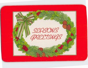 Postcard Seasons Greetings with Wreath Hollies Pines Ribbon Holiday Art Print