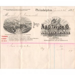 1898 Antique Billhead - N & G TAYLOR Co - American Tin Plate - Philadelphia