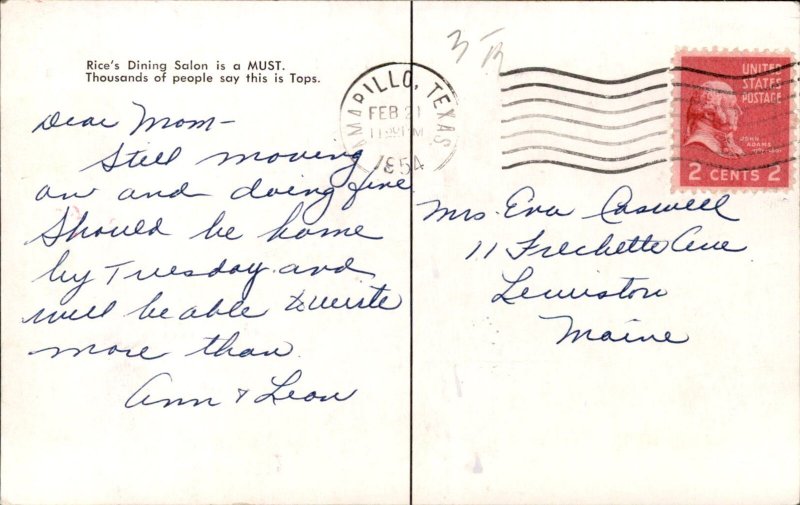 Amarillo Texas Rice's Dining Salon Comic Map c1950-60s Vintage Postcard