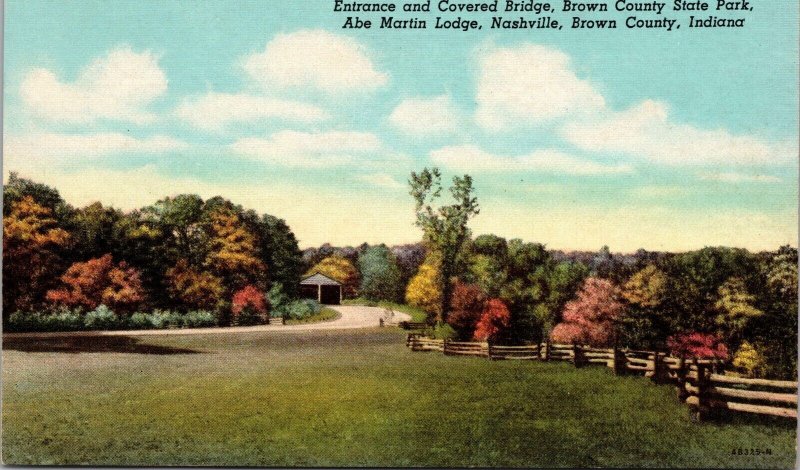 Vintage Linen Postcard Entrance Abe Martin Lodge Nashville Brown County Park IN