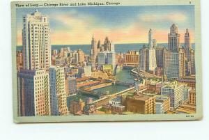 Postcard Illinois Chicago View of Loop Chiago River Lake Michigan Aerial # 2921A