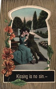 Postcard 1910 Kissing Is No Sin! Man Kisses Woman On Cheek Couple Lovers Artwork