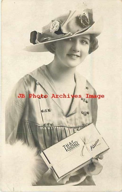 Johnston's Boxed Chocolates Advertising, RPPC, Woman Model with Rose on Hat