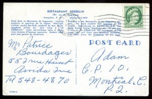 dc1296 - JONQUIERE Quebec Postcard 1962 Restaurant Gosselin