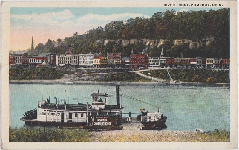 Ohio Postcard 1934 POMEROY River Front STEAMER CHAMPION NO3 Elberfeld Store