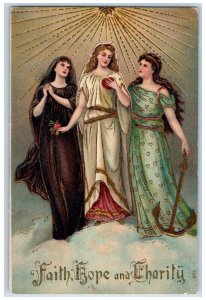 c1910's Christmas Angels Faith Hope And Charity Anchor Embossed Antique Postcard