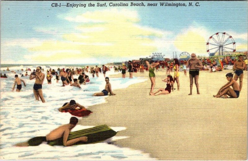 Carolina Beach, NC North Carolina BEACH~SUNBATHERS~FERRIS WHEEL ca1940s Postcard