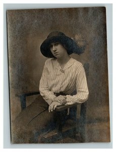 Vintage 1910's RPPC Postcard Photo of Woman with Feather in Hat