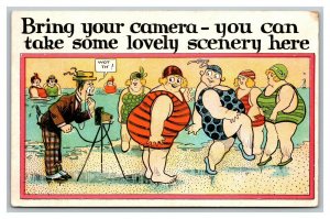 Vintage 1931 Comic Postcard Photographer Large Women on Beach in High Heels