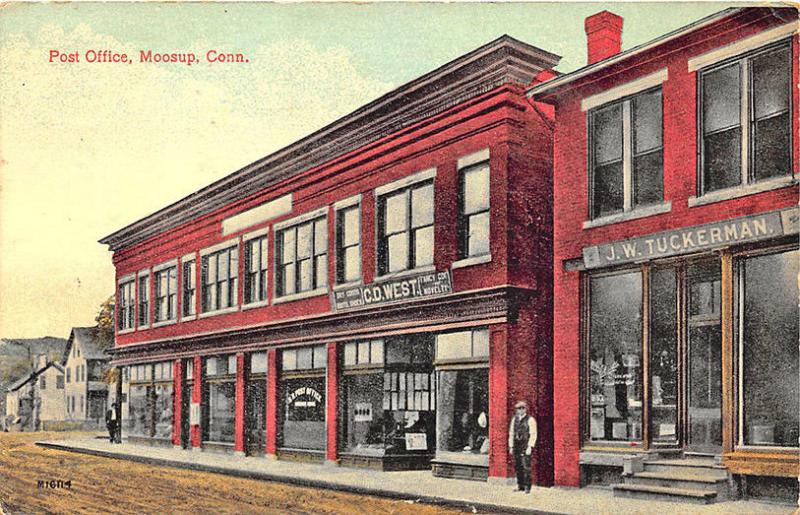 Moosup CT Post Office Store Fronts Post Office Dirt Street, in1914 Postcard