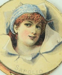 1870's-80's Lovely Lady Die Cut Tamborine Enoch Morgan's Sons Sapolio Card F92 