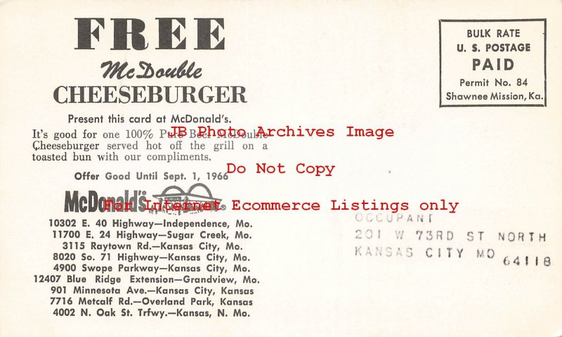 Advertising Postcard, McDonald's McDouble Cheeseburger Promotion, Missouri, 1966