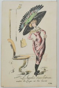 Humorous Victorian Woman Big Hat Trying To Use Toilet Postcard Q10