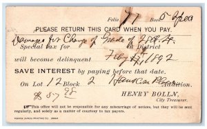 1892 Damage for Change Letter Henry Bolln Omaha City Treas. NE Postal Card