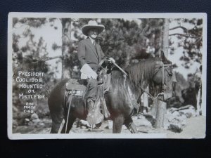 USA PRESIDENT COOLIDGE Dressed as Cowboy Mounted on Mistletoe c1920s RP Postcard