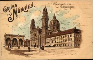 Munich Germany Munchen Theater Theatinerkirche Feldherrnhalle c1900 Postcard