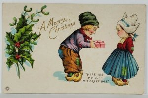 Christmas Darling Dutch Children Here is My Luff Mit Greetings Postcard R18