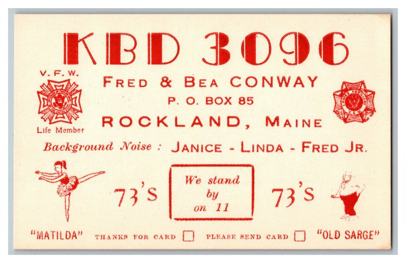 Postcard QSL Radio Card From Rockland Maine KBD 3096 
