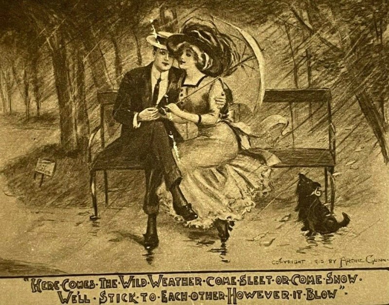 ca.1910 Postcard Man Woman Dog Bench in the Rain Weather 'Stick to each other'