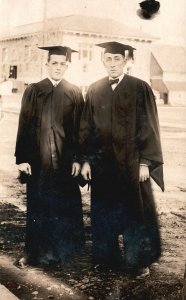 Vintage Postcard 1910's Two Senior Boys Graduating Graduation Gowns & Caps RPPC