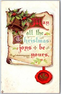 1912 May All The Christmas Joys Be Yours Bell And Holy Leaf Posted Postcard
