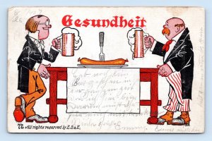 E B & E Comic Men Drinking Beer at Bierhaus Gesundheit UDB Postcard O5