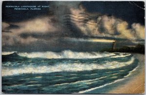 1948 Pensacola Lighthouse at Night Florida FL Deep Water Harbors Posted Postcard