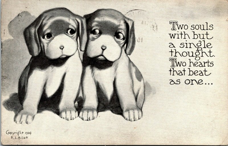 Vtg 1910 Puppies Two Hearts That Beat As One F.J. Bilek Dog Postcard