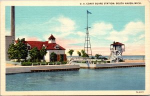 Linen Postcard U.S. Coast Guard Station in South Haven, Michigan