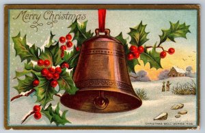 Merry Christmas, Holly, Bell, Rural Winter Scene, Antique Alcan Moss Postcard