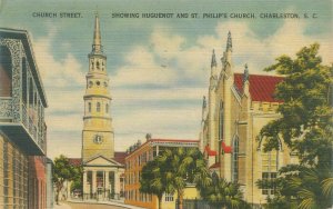 Charleston South Carolina Church St  Huguenot, St Philip's 1950 Linen Postcard