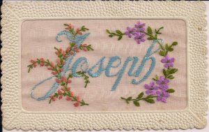 EMBROiDERED Postcard From France, Name Joseph, Flowers, 1910-20, Novelty Silk